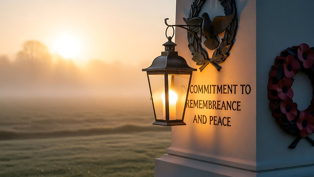 Glowing lantern fixed to stone war memorial inscribed with commitment to remembrance and peace during sunrise