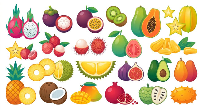 Exotic tropical fruits collection in flat design 2.0 style, set of isolated colorful vector icons on white background
