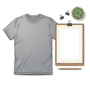 Gray Tshirt and clipboard with pencil office supplies and succulent plant.