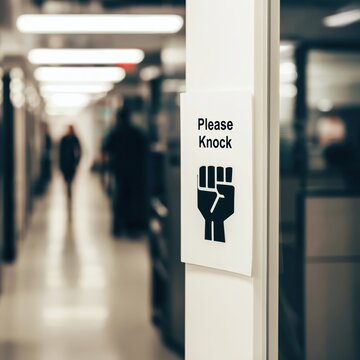 White please knock door sign featuring a black fist icon mounted on a professional wooden door with a busy corporate office hallway in the sharp background.