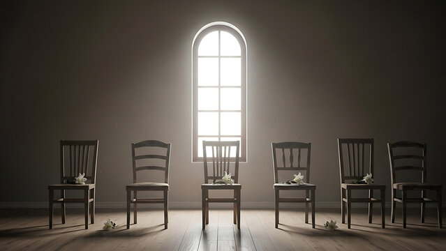 Empty chairs facing bright arched window light in monochromatic dim room setting