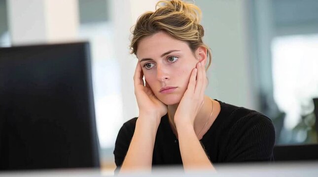 Concentrated and tired 45 years old blonde manager. Quiet quitting