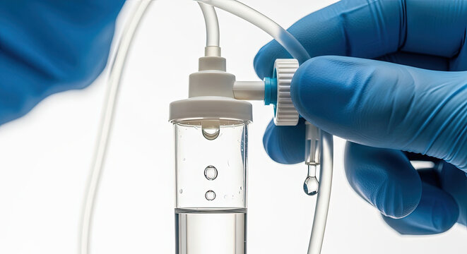 Medical professional adjusting intravenous drip in hospital setting  