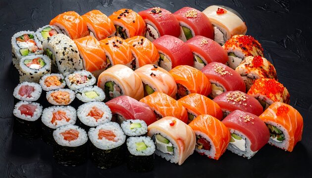 A vibrant arrangement of assorted sushi rolls on a black surface