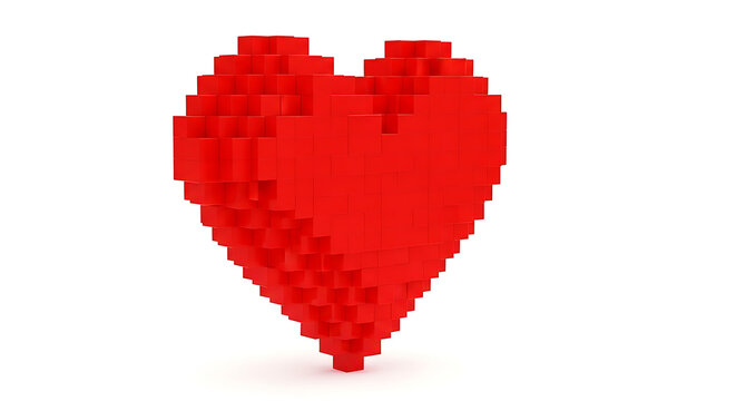 Red pixel heart on white background cube block