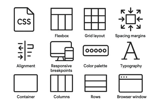 CSS Layout Icons. CSS layout design. Line outline icon set of CSS layout design: css file, flexbox layout,