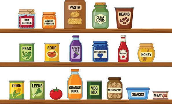 Pantry food storage illustration set, canned goods jars and bottles arranged on shelves in kitchen, grocery supply concept, household collection