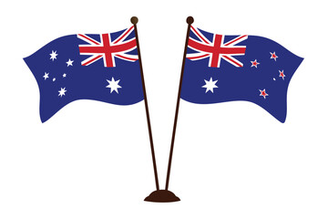Flags of Australia and the United Kingdom displayed on wooden poles © MAYENUDDIN