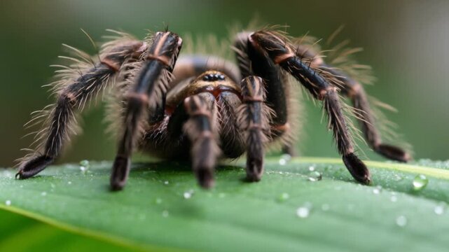 Close-up Macro of a Hairy Tarantula Spider on a Wet Leaf