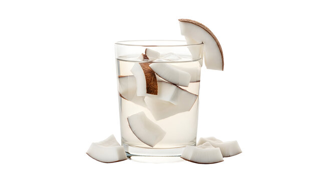 Refreshing coconut water with chunks in a clear glass
