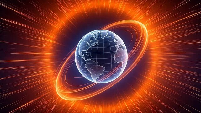 Globe with glowing rings in space
