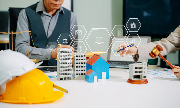 Professional real estate law scene with contract signing, property models, and legal tools. Perfect for business, investment, finance