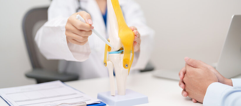 Doctor with Human Knee joint anatomy model. Osteoarthritis, Patellofemoral Pain Syndrome, Patellar Tendinitis, ACL, Anterior Cruciate Ligament, PCL, Posterior, MCL, Medial Collateral, LCL and Lateral