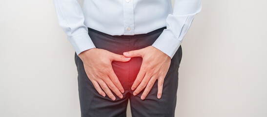 Older Man having Prostate gland or Urinary bladder pain. Prostate Cancer, Enlarged prostate, Prostatitis disease, Hypothyroidism, Male Infertility, Health and World cancer day concept