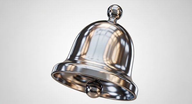 A shiny silver bell with a reflective surface against a plain background