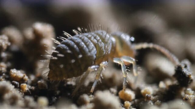 Extreme close-up macro shot of a tiny springtail insect on soil, detailed view