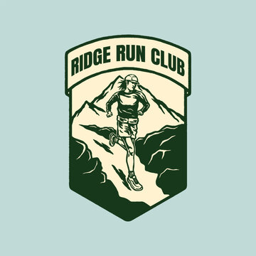 Classic badge logo design featuring trail runner on ridge mountain terrain ideal for running clubs outdoor events and adventure branding
