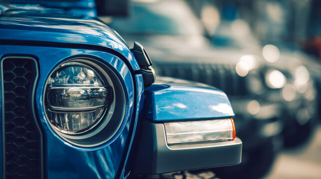 Detailed view of blue modern car headlight and front grille with blurred urban background of parked vehicles on city street during daytime light