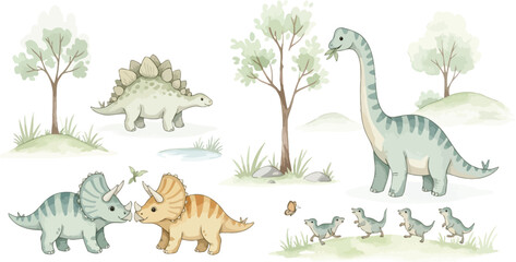 Watercolor illustration of dinosaurs and trees in a prehistoric landscape with a white background © Farzana