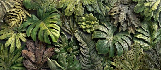 Obraz premium Lush tropical green leaves forming a dense natural background texture