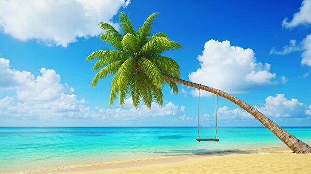 palm tree swing on tropical beach with turquoise ocean and blue sky