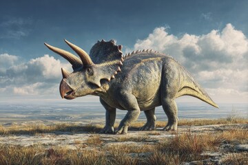 Fototapeta premium Realistic Triceratops Dinosaur with Three Horns and Frill in Natural Landscape