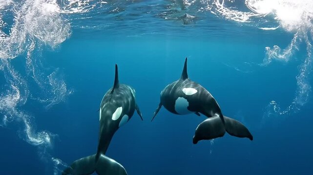 Two Orca Whales Swimming Underwater with Sunlight Rays