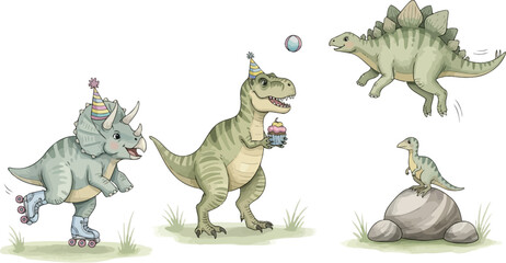 Dinosaur illustrations featuring three stegosauruses in various poses and environments © Farzana