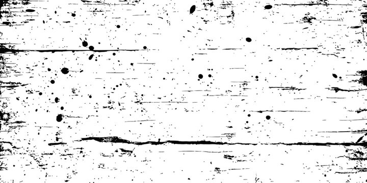 Distressed wood plank vector texture with grunge scratches and black paint splatters abstract background