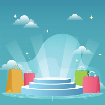 Shopping podium with colorful bags and spotlight