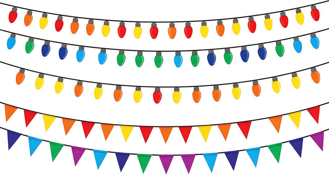 Colorful string lights and pennant banners on white background