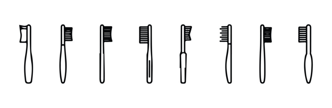 Toothbrush head variations set showing different bristle shapes and handle designs in profile