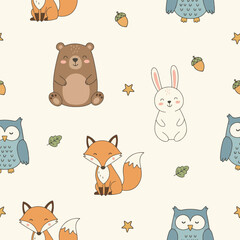 Obraz premium Woodland Animal Mix Seamless Pattern with Bear, Fox, Rabbit and Owl for Kids Nursery