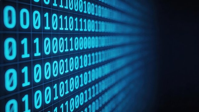Digital binary code streaming on a futuristic blue screen representing big data cybersecurity coding software development artificial intelligence and the modern digital