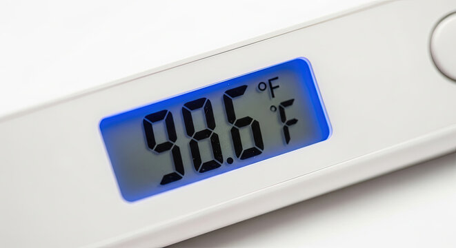 Digital thermometer reading at 98.6 degrees Fahrenheit on white background  