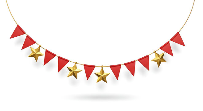 Red triangle flags and gold stars garland on white
