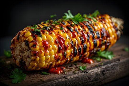 grilled peri-peri corn on the cob on a wooden board