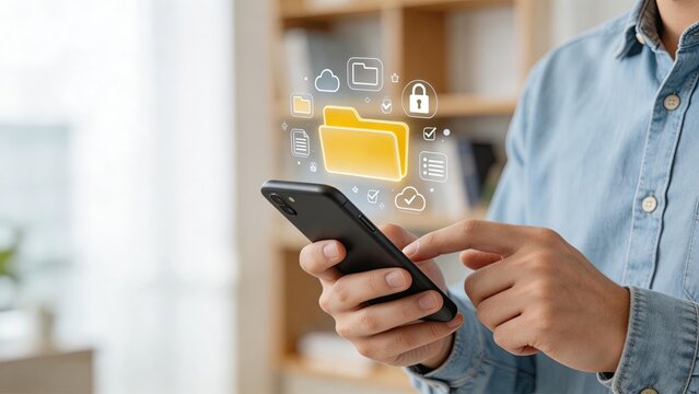 Man using smartphone with digital folder cloud storage and security icons symbolizing data management file organization and cyber protection in modern business