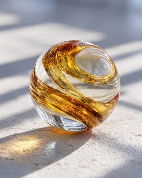 A decorative glass sphere with golden swirls sits on a white surface in bright sunlight. The marble-like ball reflects light and casts soft shadows. Glass orb, crystal ball, modern decor. vertical ori