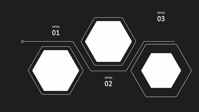 Business plan infographic 3-step template animation. Business plan infographic with three hexagon steps for a strategic roadmap. Ideal for presentations, business workshops, and educational materials