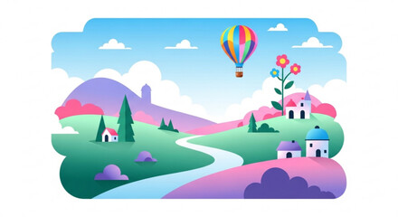 Obraz premium Colorful cartoon landscape with hot air balloon flying over houses river and mountains under blue sky with clouds