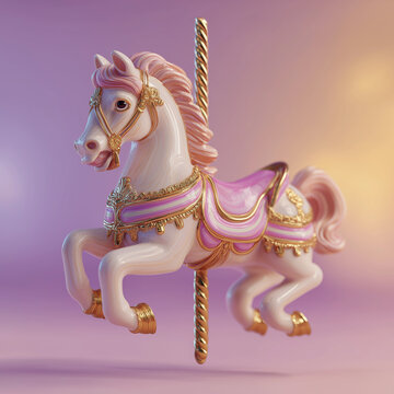 A white carousel horse with pink mane and golden details stands proudly on a pole against a softly lit background