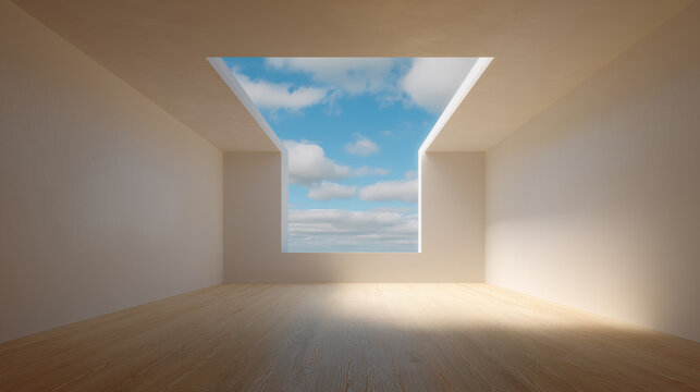 An empty room with a skylight opening to a bright blue sky and fluffy white clouds