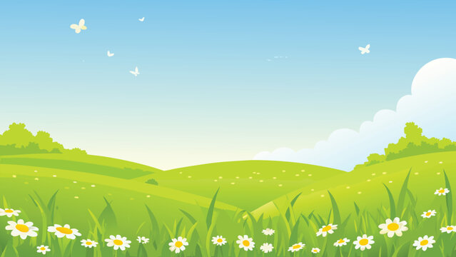 A bright summer landscape with rolling green hills and blue sky