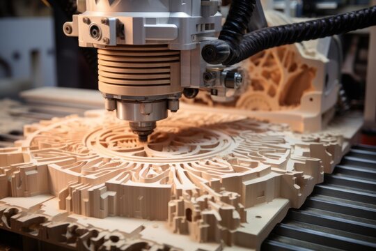 Automated cnc router precisely carving complex circular pattern into wood material, showcasing advanced fabrication technology in modern workshop