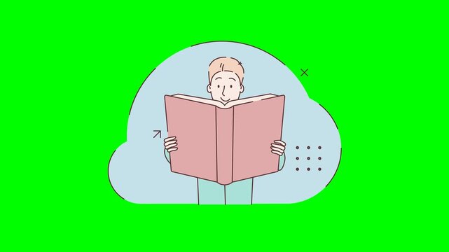 Student reading a textbook in hands. Red book. Young man reading a book. Hand drawn in thin line style. Motion design video isolated on green background. 2d flat animation. Alpha channel. Looped video