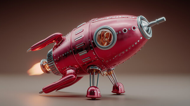 A shiny red retro rocket ship with flames coming out of its engine stands on its landing gear