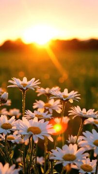 A beautiful field of white daisies blooming under the warm glow of a golden sunset