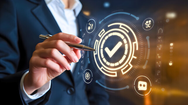 Approval Assurance: A person in a formal attire, with a pen, is depicted in the act of electronically approving, signifying validation, quality check and acceptance of an application.