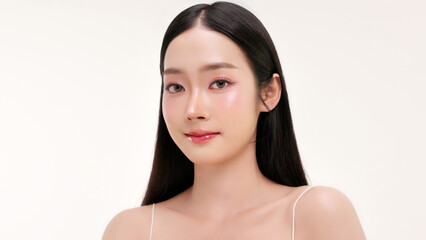 Naklejka premium Close-up portrait of young Asian beautiful woman with K-beauty make up style and healthy and perfect skin. Facial and skin care concept for commercial advertising.
